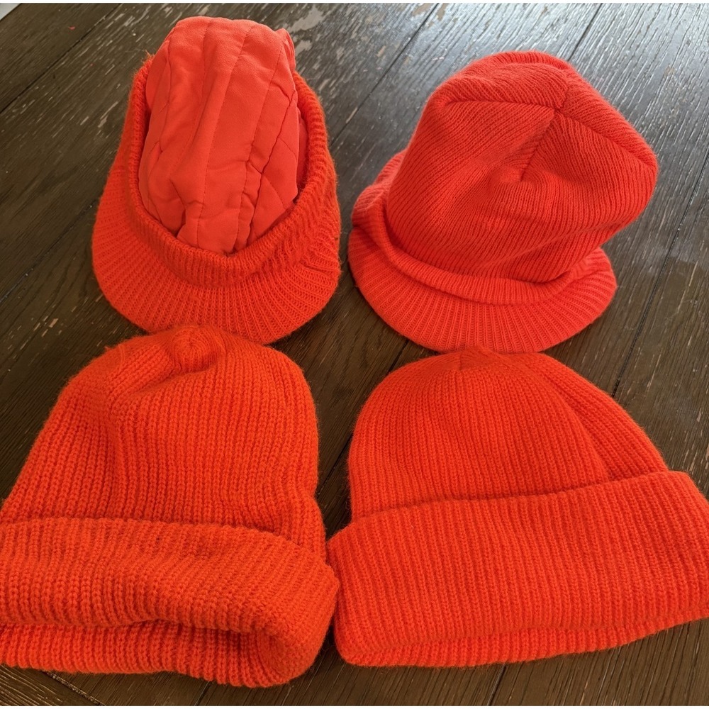 Knit Handmade Hat Beanie Orange Hunting Safety One Size Skull Ski Cap Set of 4